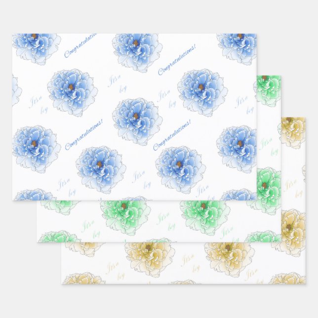 Es ist eine Boy Blue Green Yellow Flowers Geschenkpapier Set (Set)