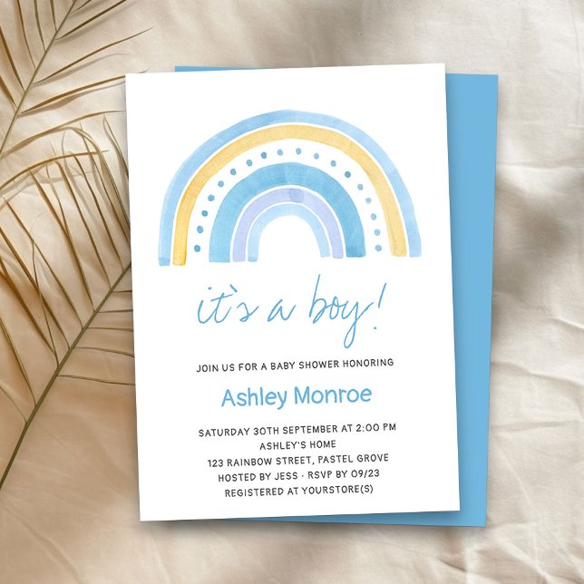 Es ist eine Boy Blue Rainbow Baby Dusche Einladung (It's a Boy baby shower invitation with cute rainbow)