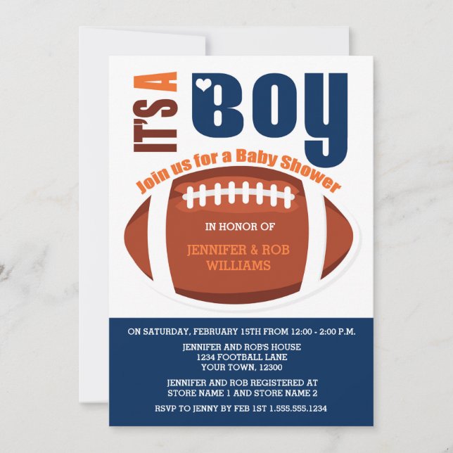 Es ist eine Boy Football Blue Orange Baby Dusche Einladung (Vorderseite)