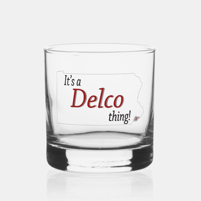Es ist eine Delco-Sache (R) Whiskyglas (Vorderseite)