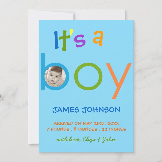 Es ist eine Foto-Karte für die Geburt eines Jungen Ankündigung (Vorderseite)