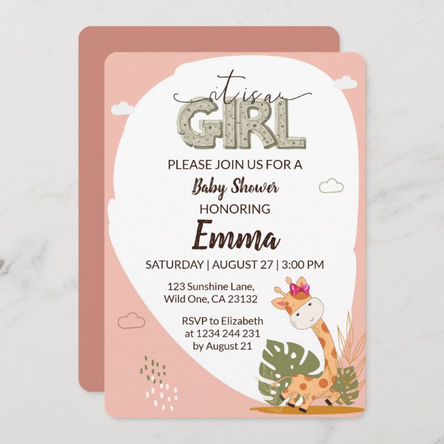 Es ist eine Girl Baby Giraffe Baby Shower Einladun Einladung (Vorne/Hinten)