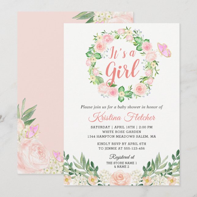 Es ist eine Girl Blush Peach Floral Garden Baby Du Einladung (Vorne/Hinten)