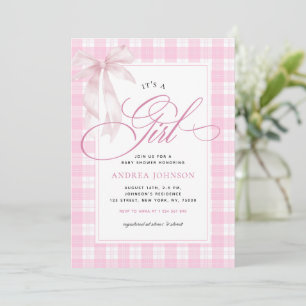 Es ist eine Girl Bow & Pink Gingham Kariert Baby D Einladung