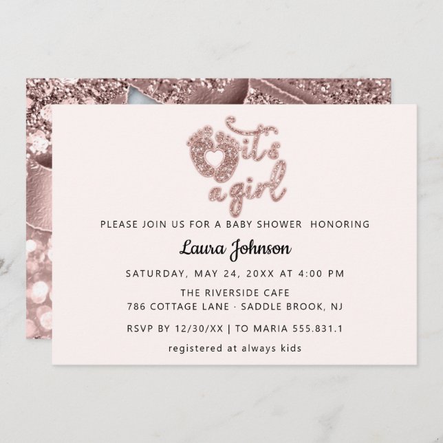 Es ist eine Girl Custom New Baby Foto Rose FeetGli Einladung (Vorne/Hinten)