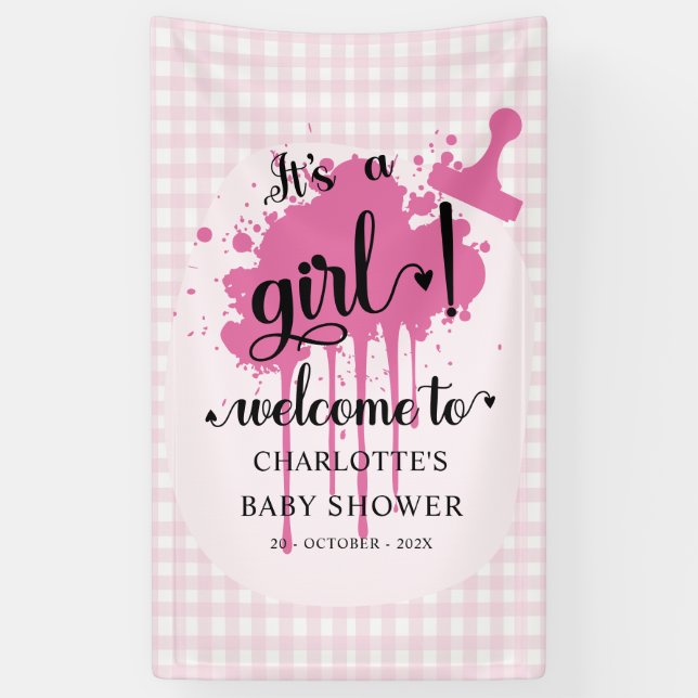 Es ist eine Girl Niedlich Pastel Pink Gingham Baby Banner (Vertikal)