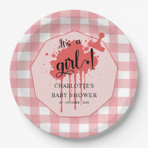 Es ist eine Girl Niedlich Pastel Red Gingham Baby  Pappteller