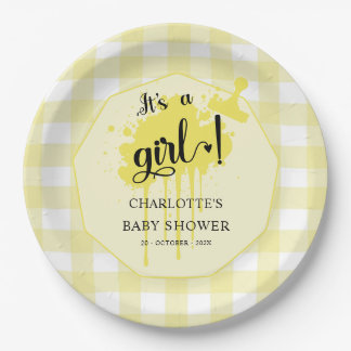 Es ist eine Girl Niedlich Pastel Yellow Gingham Ba Pappteller