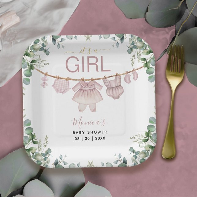 Es ist eine Girl Pink Boho Kleidung Greenery Baby  Pappteller (It’s a Girl Pink Boho Clothes Greenery Baby Shower Paper Plates)