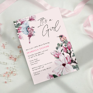 Es ist eine Girl Pink Floral & Birds Babydusche Einladung