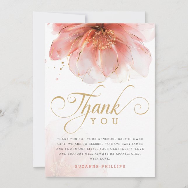 Es ist eine Girl Pink Gold Floral Modern Baby Dusc Dankeskarte (Vorderseite)