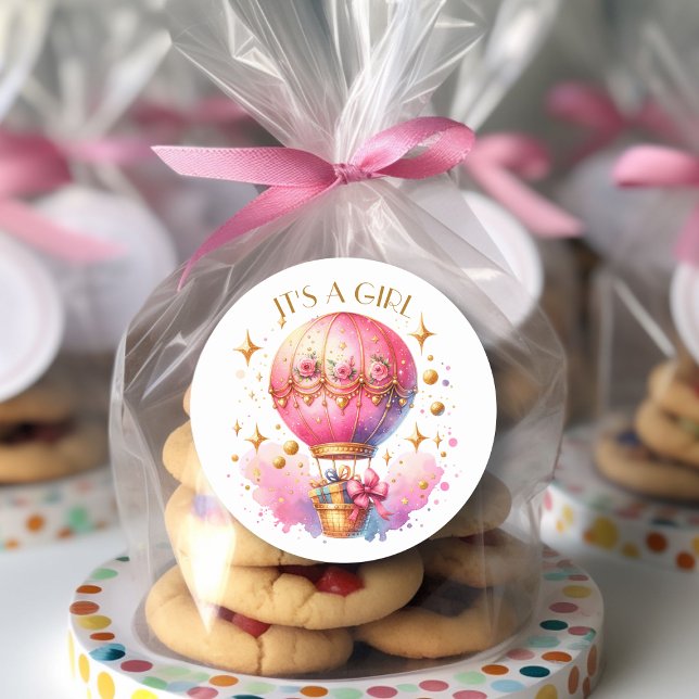 Es ist eine Girl Pink Gold Hot Air Balloons Baby D Runder Aufkleber (Von Creator hochgeladen)