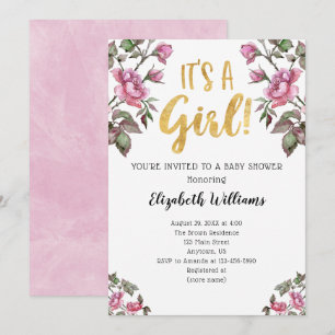Es ist eine Girl Pink Gold Watercolor Baby Dusche Einladung