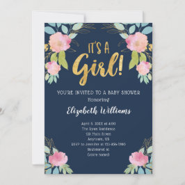 Es ist eine Girl Pink Navy Gold Watercolor Baby Du Einladung