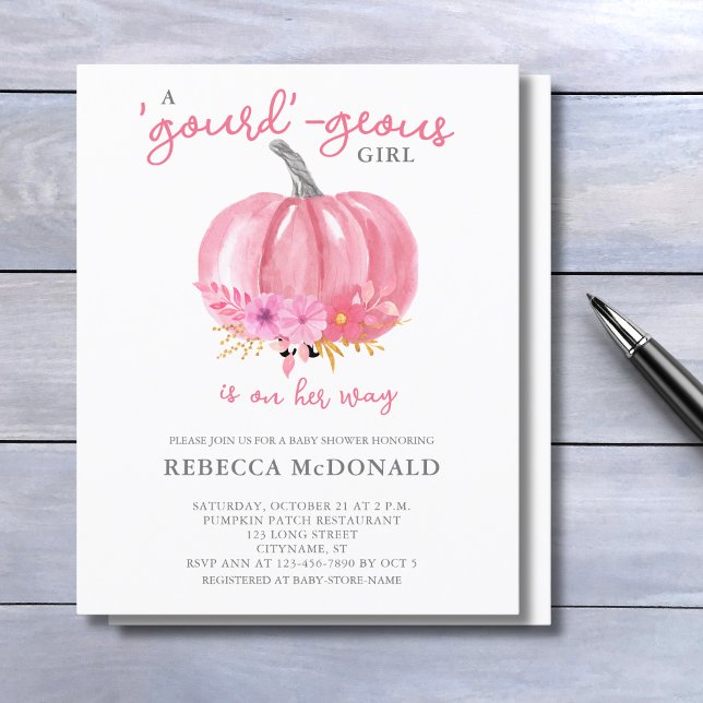 Es ist eine Girl Pink Pumpkin Baby Dusche Einladun Flyer (Add your details via the template to personalize your invitation.)