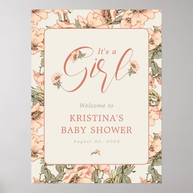 Es ist eine Girl Pink Roses Baby Dusche Willkommen Poster (Vorne)