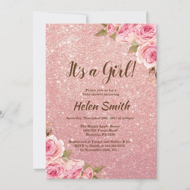 Es ist eine Girl Rose Gold Glitzer Floral Baby Dus Einladung (Vorderseite)