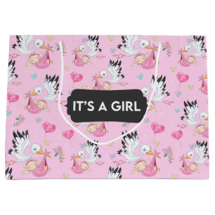 Es ist eine Girl Stork Baby Geschenktasche Große Geschenktüte