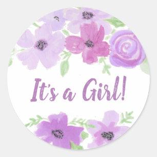 Es ist eine Girl, Watercolor Lila Floral Baby Dusc Runder Aufkleber