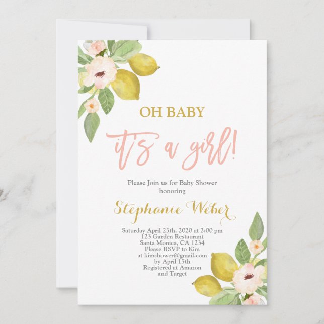 Es ist eine Girl-Zitrus-Lemons-Kinderdusche Einladung (Vorderseite)