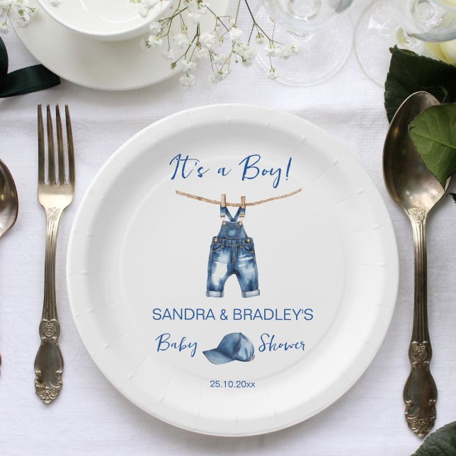 Es ist eine junge blaue Jeans Baby Duschvorlage Pappteller (It's a boy blue jeans baby shower template paper plates personalized tableware decor cute jeans cap)