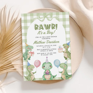 Es ist eine Junge Dinosaurier Gingham Baby Dusche Einladung