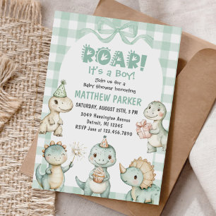 Es ist eine Junge Dinosaurier Gingham Baby Dusche Einladung