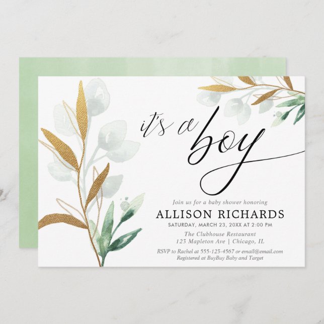 Es ist eine junge, moderne, grüne goldene Babydusc Einladung (Vorne/Hinten)