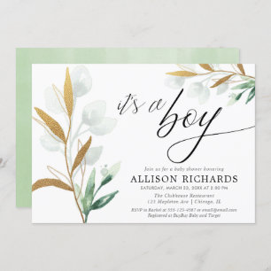 Es ist eine junge, moderne, grüne goldene Babydusc Einladung