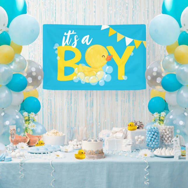 Es ist eine Junge Wasserfarbe Gummi Duck Baby-Dusc Banner (Its a Boy Watercolor Rubber Ducky Baby Shower Hanging Vinyl Banner in Blue)