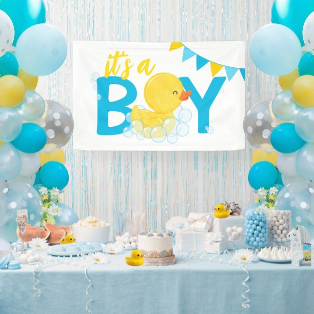 Es ist eine Junge Wasserfarbe Gummi Duck Baby-Dusc Banner (Its a Boy Watercolor Rubber Ducky Baby Shower Hanging Vinyl Banner in White)