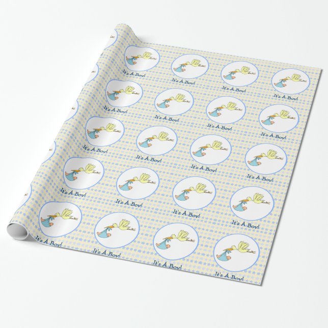 Es ist eine Jungen-Storch-tragende Baby-Babyparty Geschenkpapier (Ungerollt)