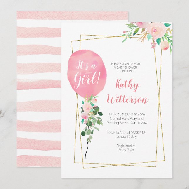 Es ist eine Mädchen Rosaballon-Babyparty Einladung (Vorne/Hinten)