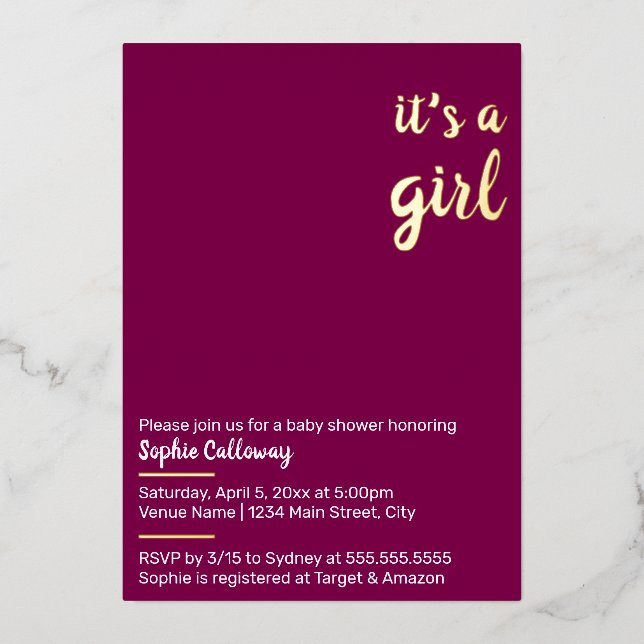 Es ist eine Minimalistische Mädchendusche Folieneinladung (Vorderseite)