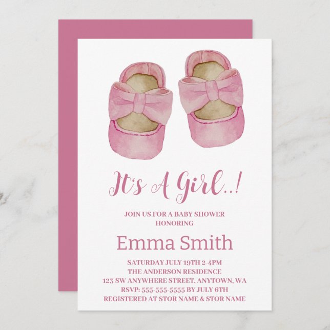 Es ist eine Niedliche Babyschuhdusche für Mädchen Einladung (Vorne/Hinten)