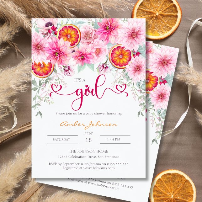 Es ist eine Niedliche Girl Citrus Pink Blumendusch Einladung (It's a girl baby shower invitation, pink peonies, pink dahlias and slices of orange)