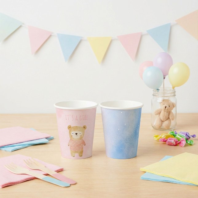 Es ist eine niedliche Girl-Pastellblende Bärenpink Pappbecher (It’s a Girl pastel cute Bear Pink Baby Shower Paper Cups.)