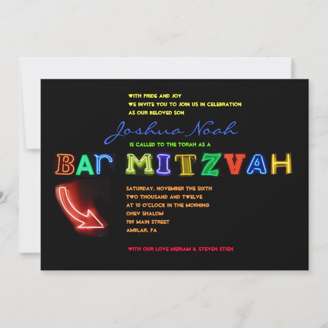 ES IST ELEKTRISCH!  NEON SIGN Bar Mitzvah Einladun Einladung (Vorderseite)