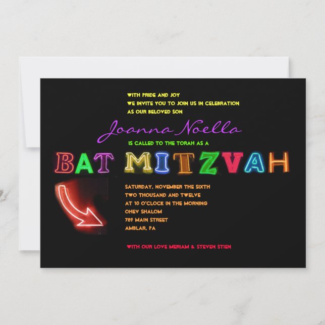 ES IST ELEKTRISCH!  NEON SIGN Bat Mitzvah Einladun Einladung (Vorderseite)