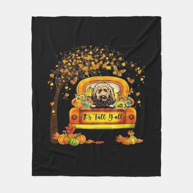 Es ist Fall Y'all Goldendoodle Erntedank Pumpkin Fleecedecke (Vorderseite)