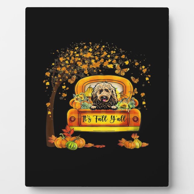 Es ist Fall Y'all Goldendoodle Erntedank Pumpkin Fotoplatte (Vorderseite)