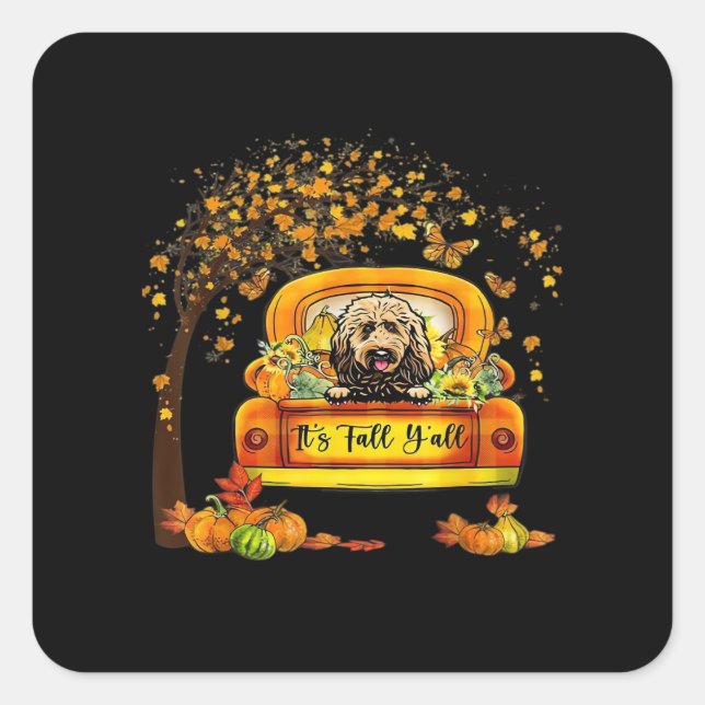 Es ist Fall Y'all Goldendoodle Erntedank Pumpkin Quadratischer Aufkleber (Vorderseite)