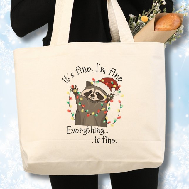 Es ist gut, ich bin schön, lustige Weihnachten Jumbo Stoffbeutel (Raccoon in trouble with Christmas lights, funny I'm fine,It's fine tote bag)