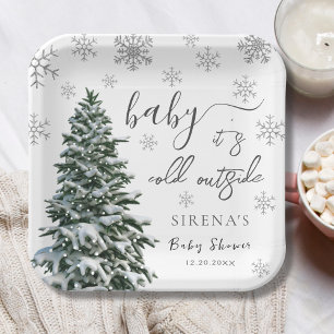 Es ist kalt draußen   Winter Tree Gray Baby Shower Pappteller