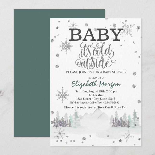 Es ist kalte Outside Snowflakes Forest Baby Dusche Einladung (Vorne/Hinten)