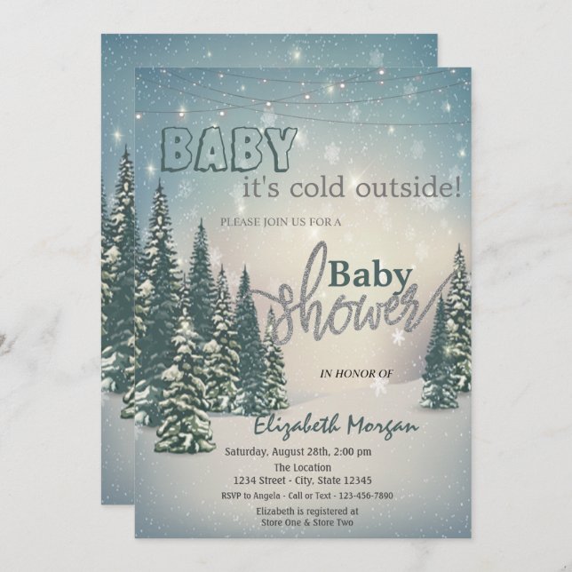 Es ist kalte Outside Winter Pine Trees Baby Dusche Einladung (Vorne/Hinten)
