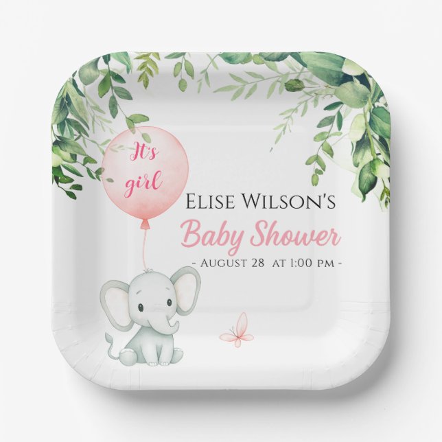 Es ist Mädchen! Niedliches kleines Elefantenbaby m Pappteller (Vorderseite)