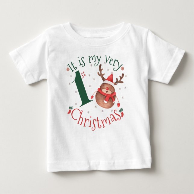 Es ist meine allererste Weihnachtswasserfarben-Ren Baby T-shirt (Vorderseite)