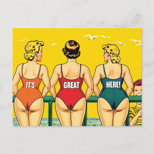 Es ist toll hier, Hübsche Frauen am Strand, lustig Postkarte (Vorderseite)