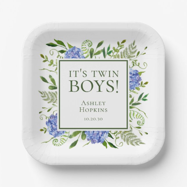 Es ist Twin Boys Blue Hydrangeas Boy Baby Shower Pappteller (Vorderseite)